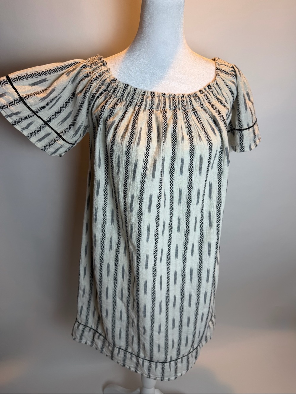 Ivory & Black Ikat Style Linen & Cotton Blend Mini Dress